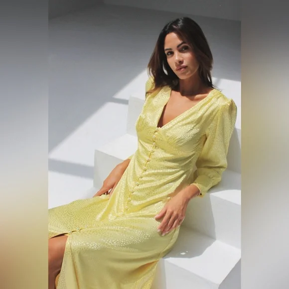 Olivia Rubin Dahlia Midi Dress Yellow Long Sleeve Button